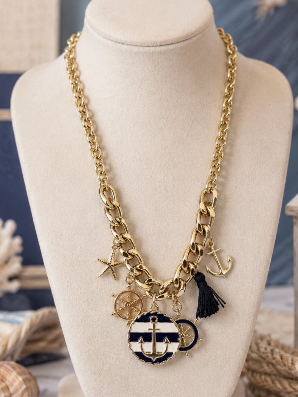 Nautical Gold Charm Necklace | Chunky Chain Anchor Starfish Ship Wheel Necklace